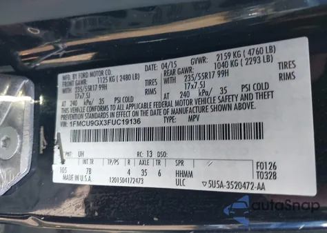 2015 Ford Escape Se from USA, damaged, VIN 1FMCU9GX3FUC19136